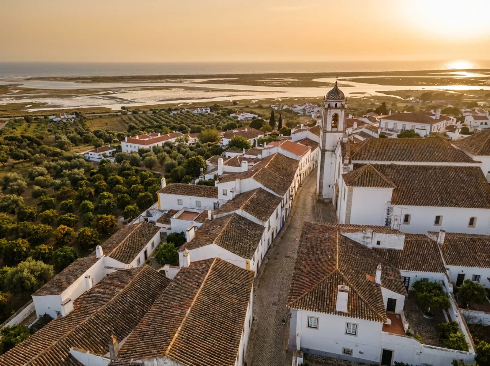 Vista aérea de uma vila algarvia de casas brancas junto à Ria Formosa ao fim da tarde